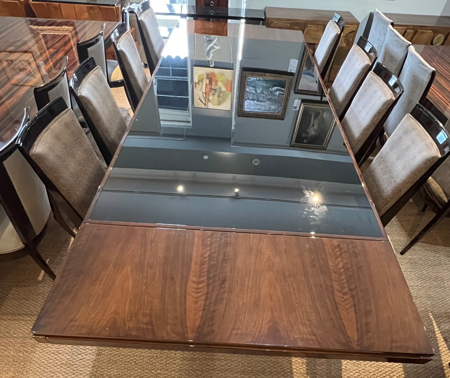 Art Deco French Dining Room Table in Walnut with Glass Top