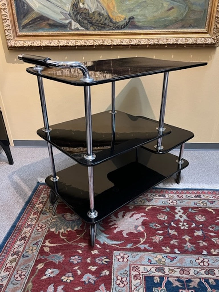 Art Deco Hungarian Bar Cart in ebonite Wood and Chrome