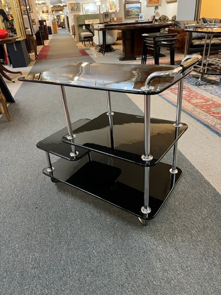 Art Deco Hungarian Bar Cart in ebonite Wood and Chrome